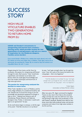 A document titled "Success Story: High-Value Viticulture Enables Two Generations to Return Home from EU." Includes an image of two people in traditional clothing posing for a photo.