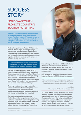 A document titled "Success Story: Moldovan Youth Promote Country's Tourism Potential." Includes image of a man,