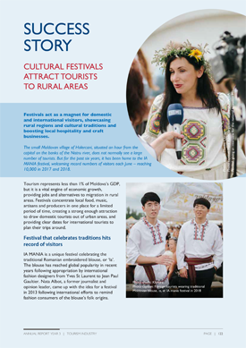 A document titled "Success Story: Cultural Festivals Attract Tourists to Rural Areas." Includes two images: one of a woman in traditional dress being interviewed by someone holding a microphone, the other of two men in traditional clothing posing for a photo.