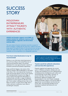 A document titled "Success Story: Moldovan Entrepreneurs Attract Tourists with Authentic Experiences." Includes an image of two people in traditional clothing and holding freshly prepared food.