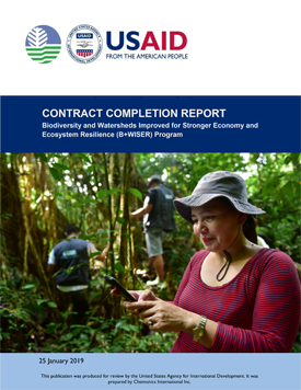 The front page of a contract completion report. Includes image of a woman in a forest smiling as she uses a handheld device. Two men can be seen working in the background.