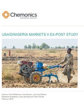The front page of a report titled " USAID/Nigeria Markets 2 Ex-Post Study." Includes image of a man operating a motorized tiller on farmland.