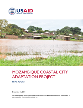 The front page of the final report titled "Mozambique Coastal City Adaptation Project." Includes an image of a lake with a village on its shore.