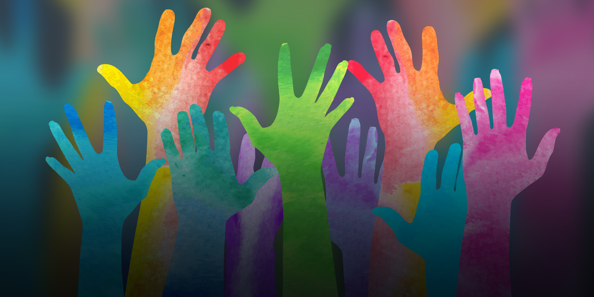 A graphic showing several raised hands in different colors ranging from blue to violet.