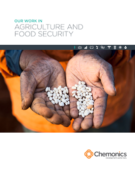 The front page of a report titled "Our Work In Agriculture and Food Security." Includes an image of a pair of hands holding beans.
