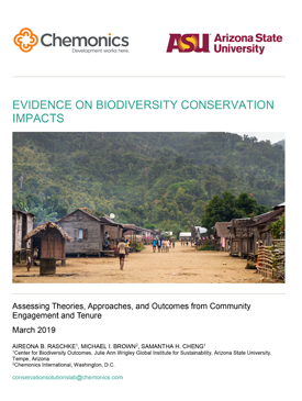The front page of a report titled "Evidence on Biodiversity Conservation Impacts." Includes an image of a village street with wooden buildings on each side.