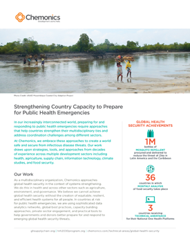 A document titled "Strengthening Country Capacity to Prepare for Public Health Emergencies." Includes an image of a shallow river as people walk across it.
