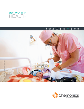 The front page of a report titled "Our Work in Health." Includes an image of a healthcare worker tending to a baby in a bed.
