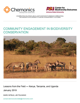 The front page of a report titled "Community Engagement in Biodiversity Conservation." Includes an image of a herd of zebras grazing in a savanna.