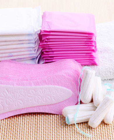 Stacks of a variety of pads and tampons.