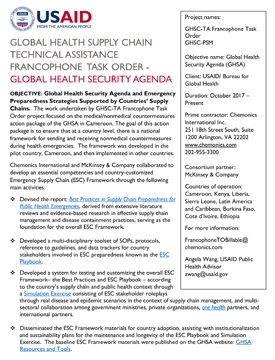 Image of a document titled "Global Health Supply Chain Technical Assistance Francophone Task Order - Global Health Security Agenda."