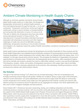 Image of a document titled "Ambient Climate Monitoring in Health Supply Chains." Includes an image of a blue building.