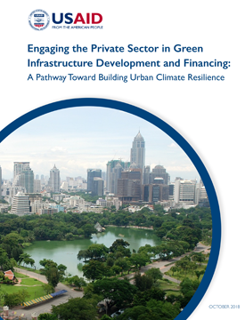 The front page of a report titled "Engaging the Private Sector in Green Infrastructure Development and Financing." Includes an image of a city skyline with a large lake in the foreground.