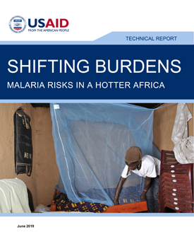 The front page of a report titled "Shifting Burdens: Malaria Risks in a Hotter Africa." Includes an image of a person setting up a bug net over a bed.