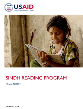 The front page of the final report titled "Sindh Reading Program." Includes an image of a young girl knelt down next to a wall and reading a book.