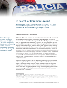A document titled "In Search of Common Ground: Applying Shared Lessons from Countering Violent Extremism and Preventing Gang Violence." Includes banner image of a police car.