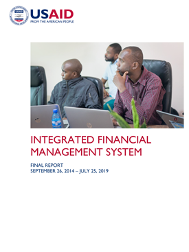 The front page of the final report titled "Integrated Financial Management System." Includes image of three people listening intently to a presentation.