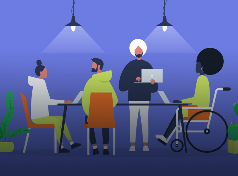 An illustration showing several people working at a table. One is in a wheelchair.