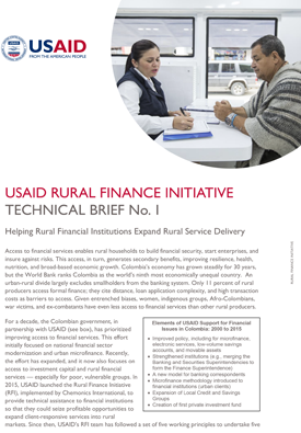 Image of a technical brief titled "USAID Rural Finance Initiative." Includes image of two people talking at a table.