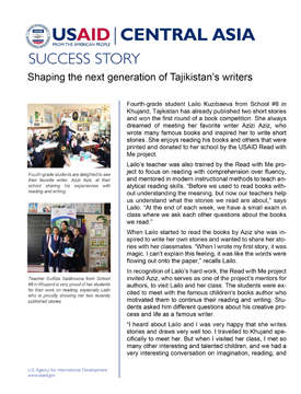 A document titled "Success Story: Shaping the Next Generation of Tajikistan's Writers." Includes two photos: one of a teacher speaking to a room full of students, the other of several students posing for a photo.