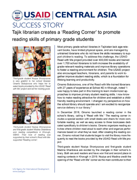 A document titled "Success Story: Tajik Librarian Creates a Reading Corner to Promote Reading Skills." Includes two images: One of a woman speaking with a child in a library, the other of two students posing for a photo in a library.