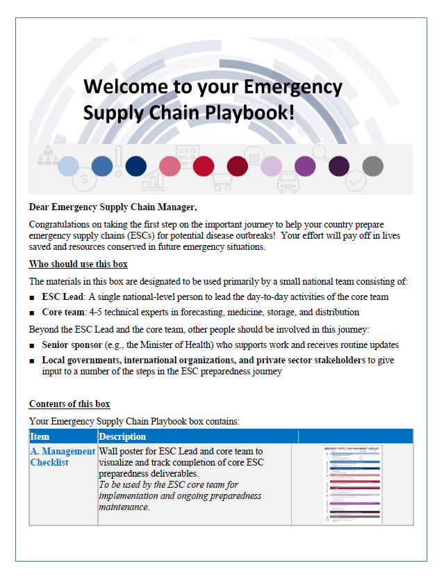Image of a document titled "Welcome to your Emergency Supply Chain Playbook."