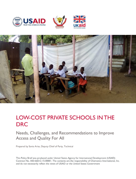The front page of a technical brief titled "Low-Cost Private Schools in the DRC." Includes an image of a teacher instructing students sitting outside.