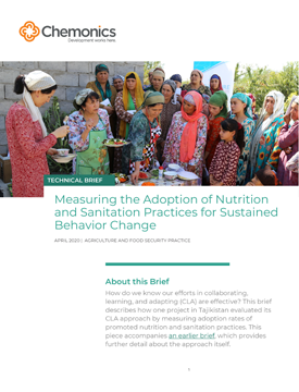 The front page of a report titled "Measuring the Adoption of Nutrition and Sanitation Practices for Sustained Behavior Change." Includes image of several people gathered around a table watching a presentation on food preparation.