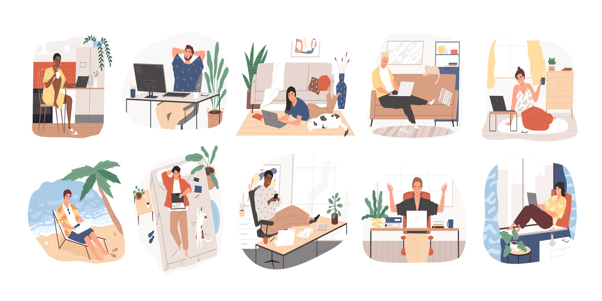 Several illustrations showing people working from home in different environments.