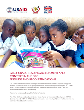The front page of a report titled "Early Grade Reading Achievement and Context in the Democratic Republic of the Congo: Findings and Recommendations." Includes an image of several children sitting and reading a book together.