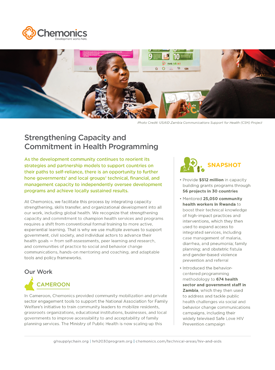 A document titled "Strengthening Capacity and Commitment in Health Programming." Includes an image of a woman speaking with a couple in an office.