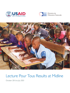 The front page of a report titled "Lecture Pour Tous Results at Midline." Includes an image of several children sitting at school desks in a classroom.