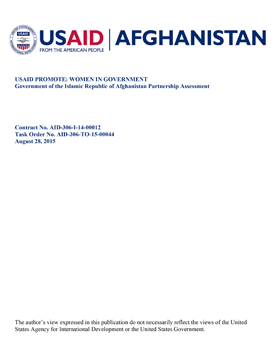 The front page of a report titled "USAID Promote: Women in Government Partnership Assessment."