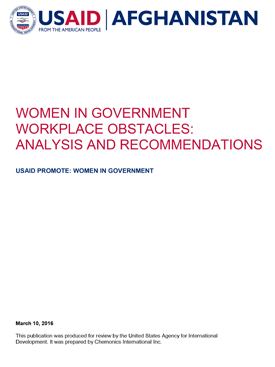 The front page of a report titled "Women in Government Workplace Obstacles: Analysis and Recommendations."