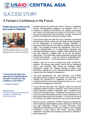 A document titled "Success Story: A Farmer's Confidence in His Future." Includes an image of two people at a desk having a discussion.