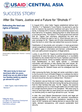 A document titled " Success Story: After Six Years, Justice and a Future for 'Shohob-1'". Includes an image of several people posing for a group photo in a field.