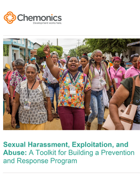 The front page of a report titled "Sexual Harassment, Exploitation, and Abuse: A Toolkit for Building a Prevention and Response Program." Includes image of a group of women walking down a street as one in the center holds her fist in the air.