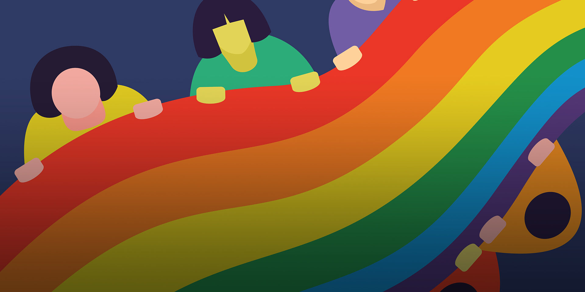 An illustration of several people holding onto a rainbow.