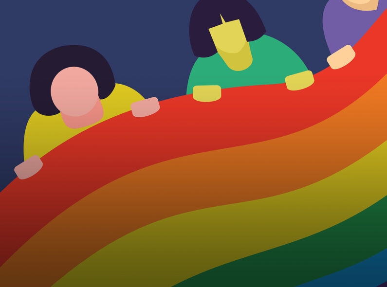An illustration of several people holding onto a rainbow.