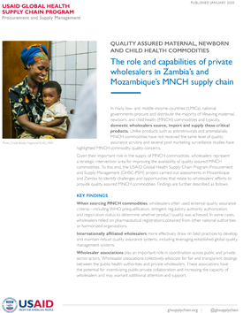 A document titled "The Role and Capabilities of Private Wholesalers in Zambia's and Mozambique's MNCH Supply Chain." Includes an image of a smiling woman holding a child.