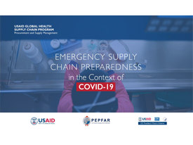 An overhead image of a lab technician performing a test. Overlaid is the text "Emergency Supply Chain Preparedness in the Context of COVID-19."