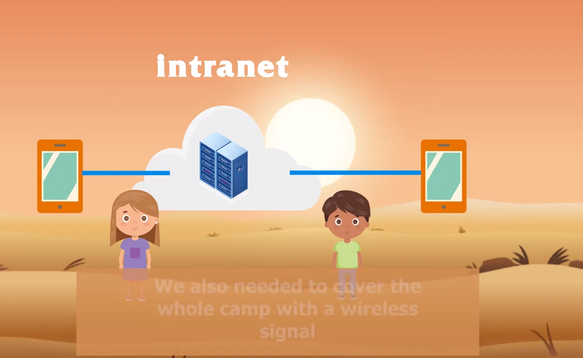 A graphic titled "intranet" showing an illustration of two smartphones connected to a server by a blue line. Below the illustration are a cartoon boy and a girl.