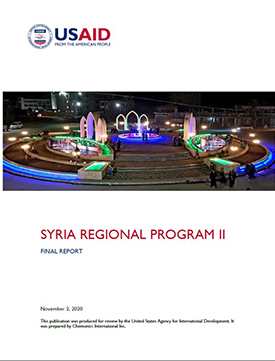 The front page of the final report titled "Syria Regional Program 2." Includes an image of a town square lit up by bright neon blue, green, and purple lights.