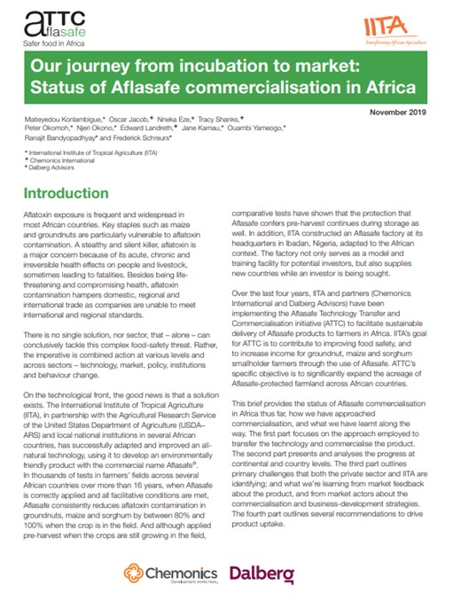 A document titled "Our Journey from Incubation to Market: Status of Aflasafe Commercialization in Africa."