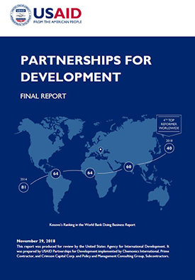 The front page of the final report titled "Partnerships for Development." Includes an image of a world map.
