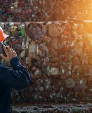 A man in a hard hat standing next to a large wall of recycled materials and speaking on a cell phone.