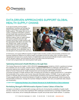 A document titled "Data-Driven Approaches Support Global Health Supply Chains." Includes an image of several people sitting together at a long table.