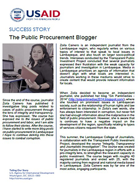 A document titled "Success Story: The Public Procurement Blogger." Includes an image of a woman sitting at a computer and holding a book.