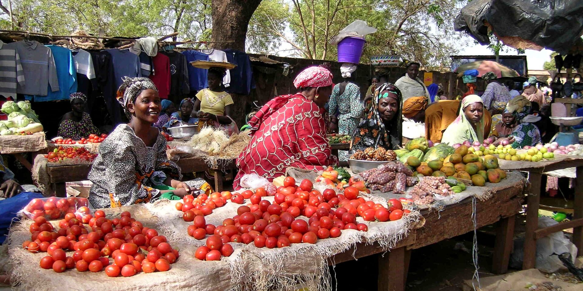 Women sell fruit and vegetables at a market in Sikasso, Mali.