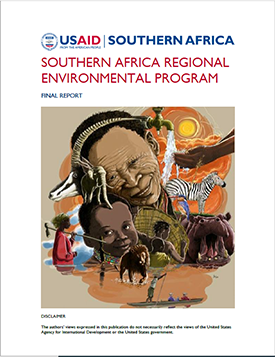 The front page of the final report titled "Southern Africa Regional Environmental Program." Includes a painting of several wild animals and people.
